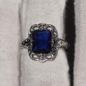 Art Deco Style Faux Blue Sapphire CZ 925 Signed Silver Fashion Ring - Size 6